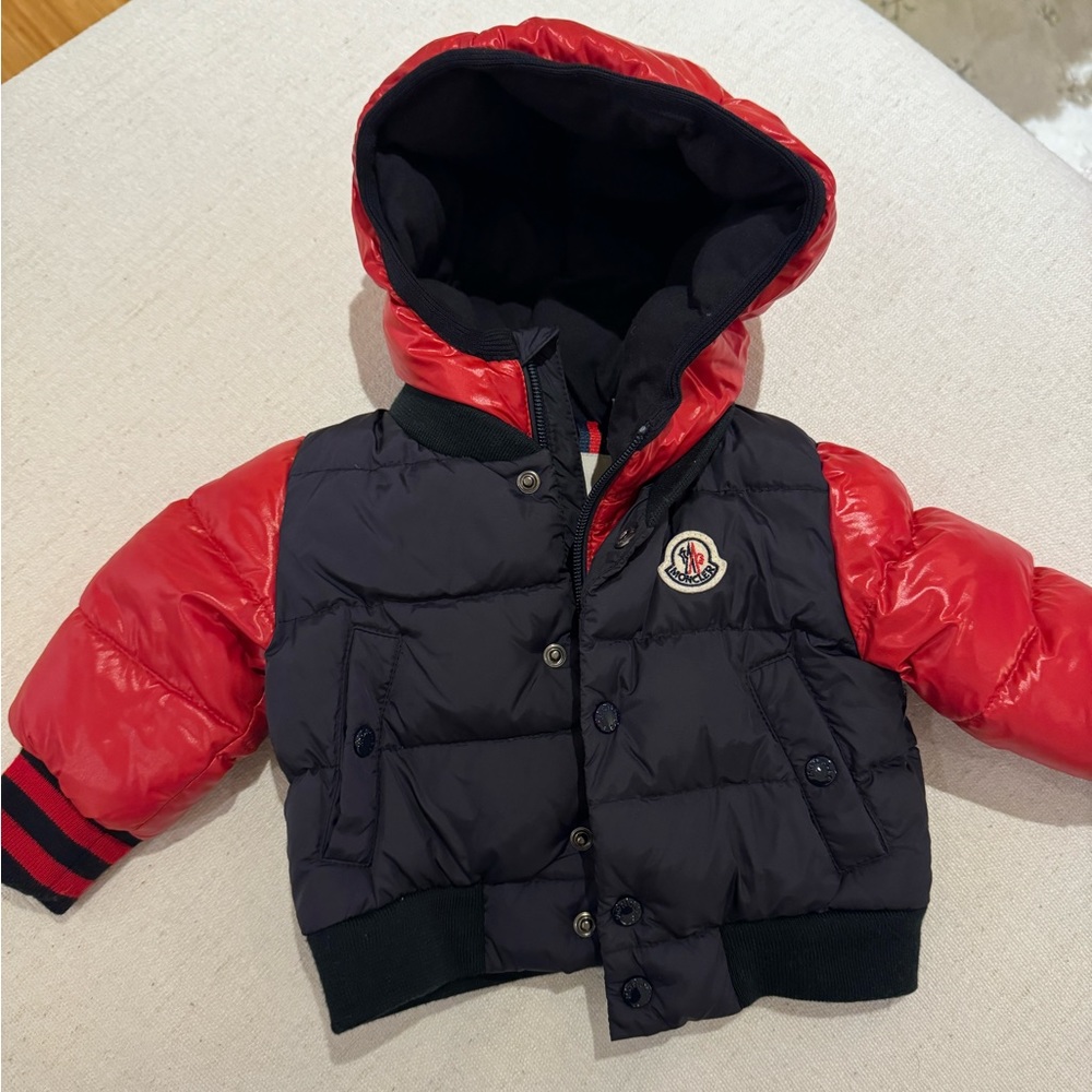 Moncler Kids Red and Black Quilted Puffer Jacket with Hood